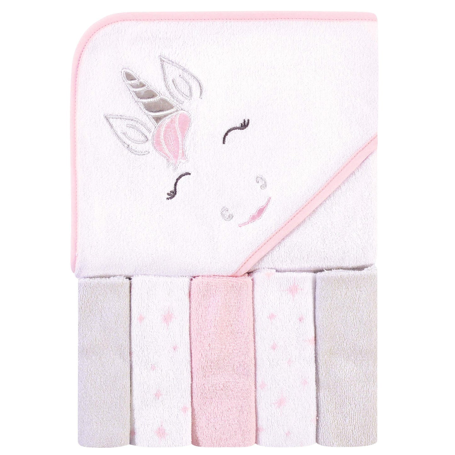 Hudson Baby Unisex Baby Hooded Towel and Five Washcloths, Modern Giraffe, One Size