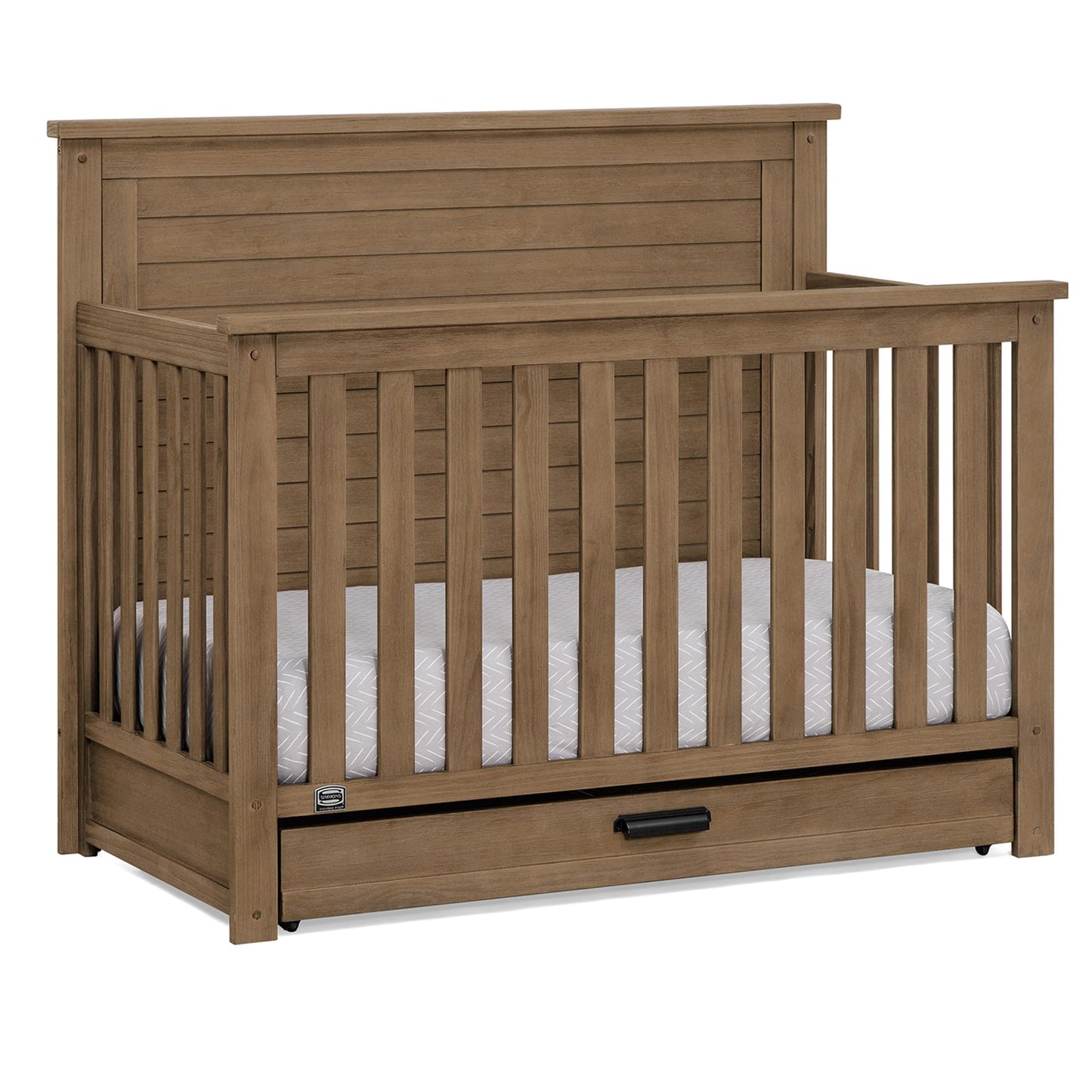 Delta Children Simmons Kids Caden 6-in-1 Convertible Crib with Trundle Drawer, Greenguard Gold Certified, Rustic Mist