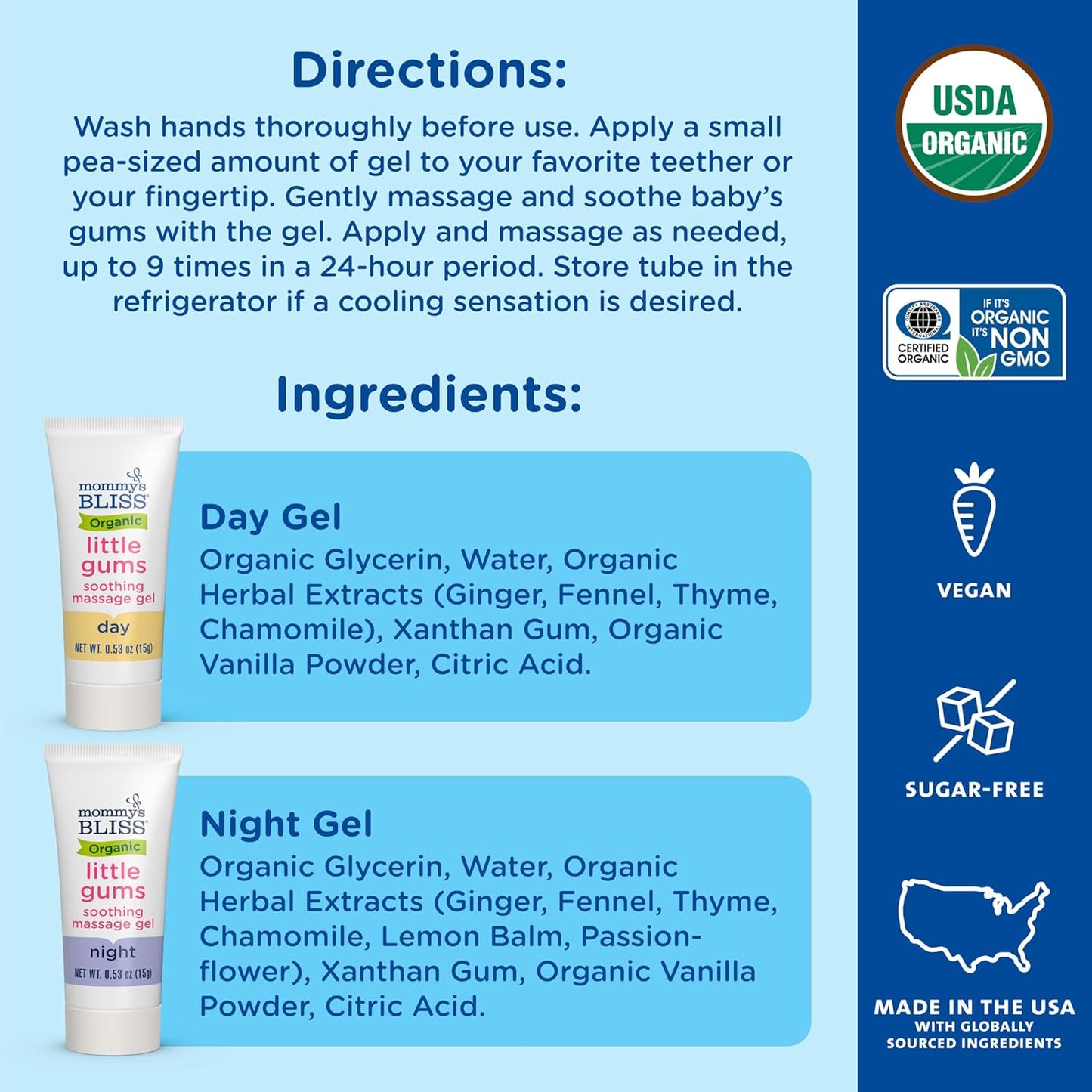Mommy's Bliss Organic Little Gums Soothing Massage Gel Day and Night Combo, Great for Teething Babies, Age 2 Months+, Sugar Free, Mild & Sweet Flavor, 2 - 0.53 Oz Tubes (Pack of 1)