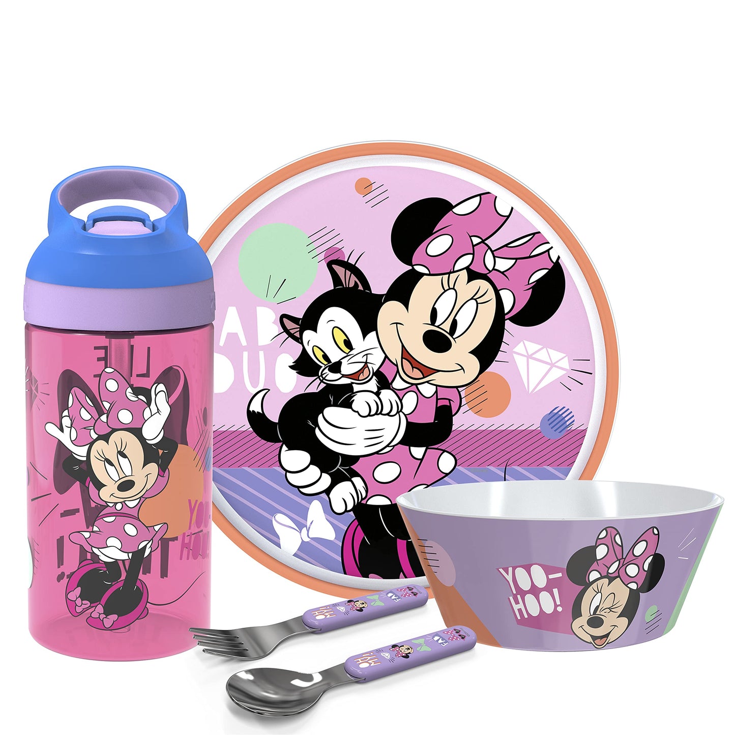 Zak Designs 5-Piece Dinnerware Set, Baby Shark - Durable Plastic & Stainless Steel - Includes Water Bottle, 8-Inch Plate, 6-Inch Bowl, Fork & Spoon - Suitable for Kids Ages 3+