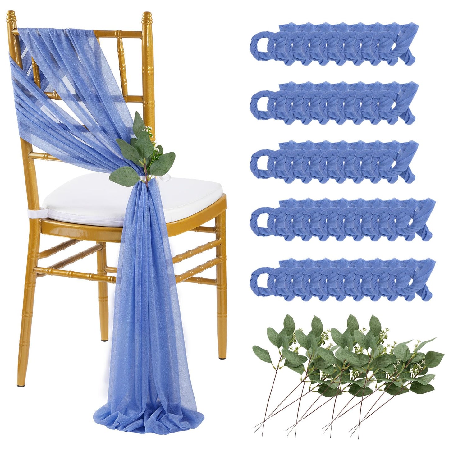 QueenDream Light Blue Sashes Chair Aisle Decorations: 24 Pack Baby Shower Chair Cover 8FT Long Tulle Draping Fabric Wedding Reception Church