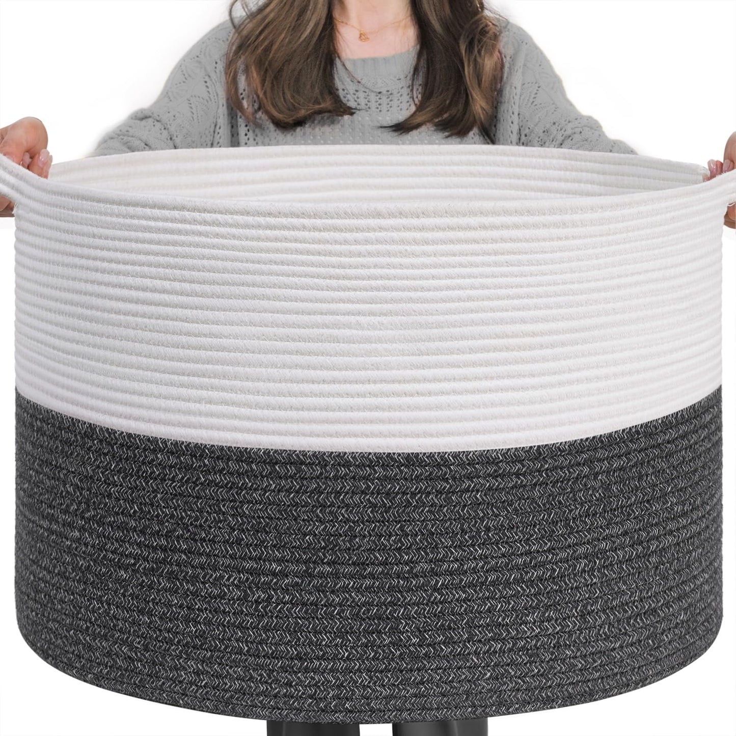INDRESSME XXXLarge Cotton Rope Basket 21.7" x 21.7" x 13.8" Woven Baby Laundry Blanket Basket Toy Baskets with Handle Storage Comforter Cushions Thread Laundry Hamper