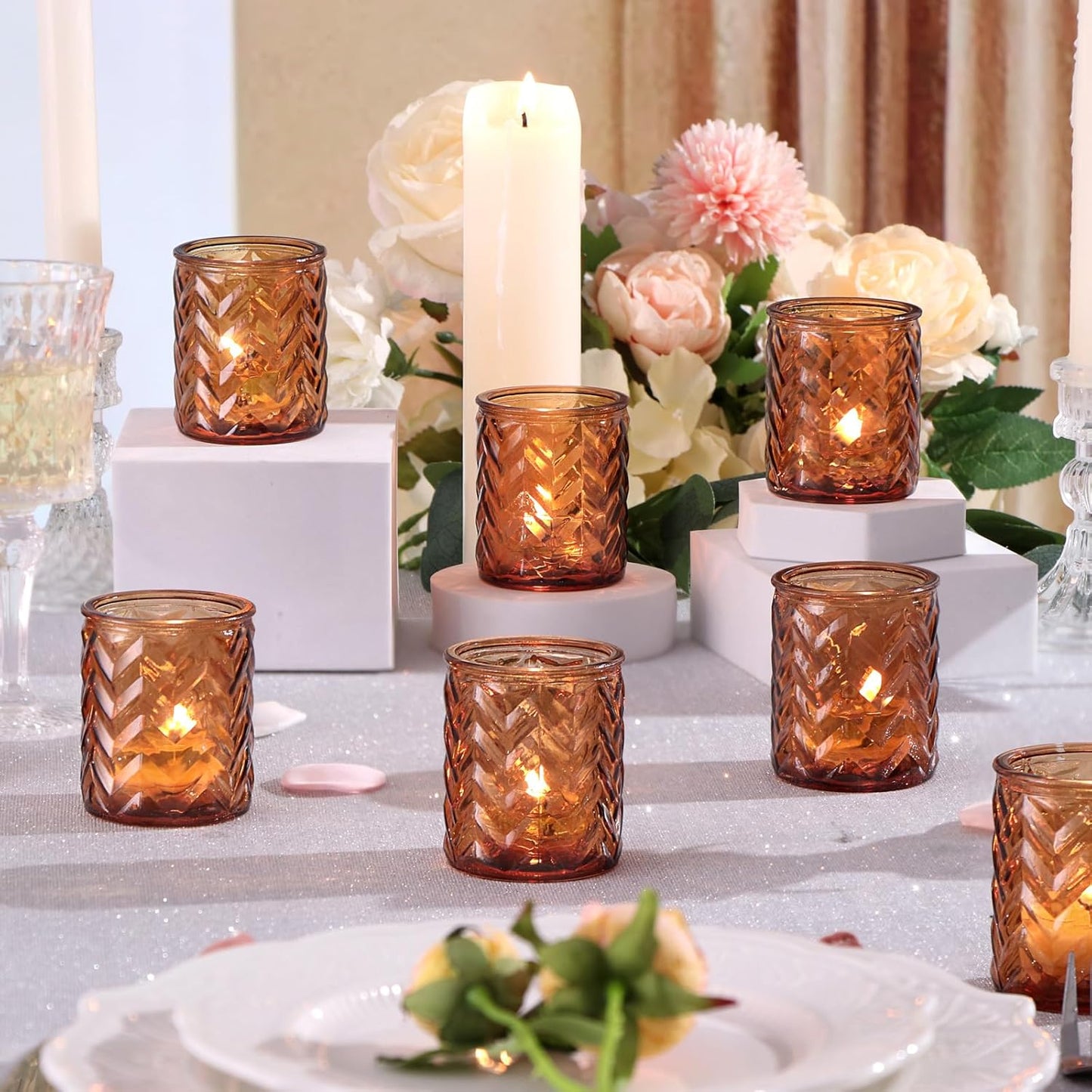 LAMORGIFT 12 PCS Blue Tealight Holders - Blue Votive Candle Holders for Wedding Party Decorations - Bulk for Wedding Reception, Bridal Shower, Baby Shower Party Decor