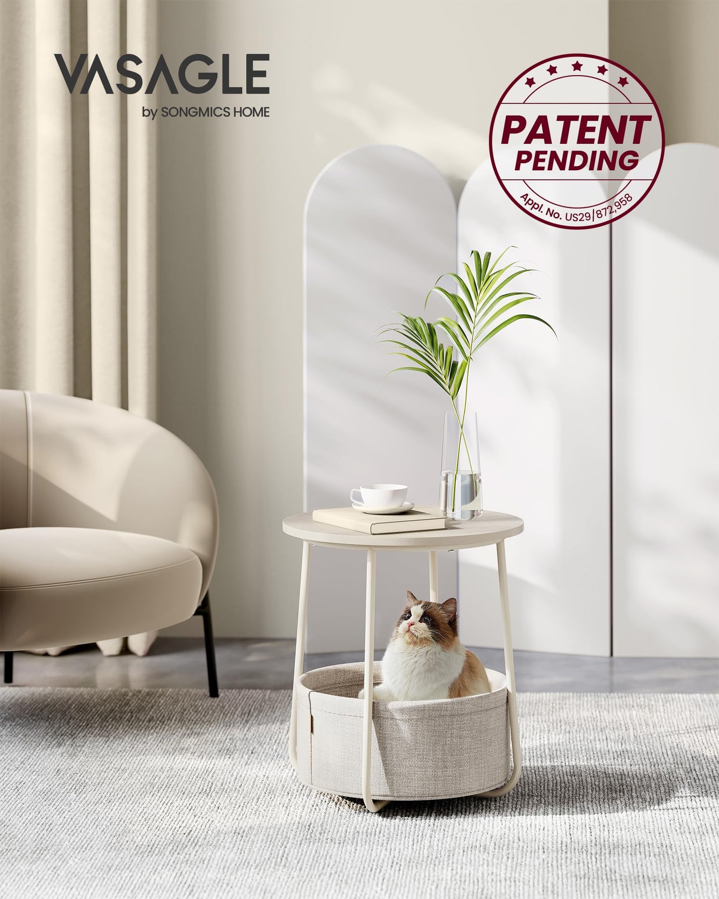 VASAGLE End Table, Small Bedside Table with Fabric Basket, Modern Nightstand, Round Side Table, for Living Room, Bedroom, Matte White and Camel Brown ULET223W10