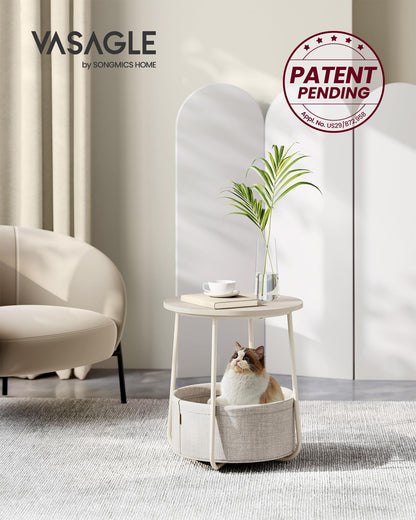 VASAGLE End Table, Small Bedside Table with Fabric Basket, Modern Nightstand, Round Side Table, for Living Room, Bedroom, Matte White and Camel Brown ULET223W10