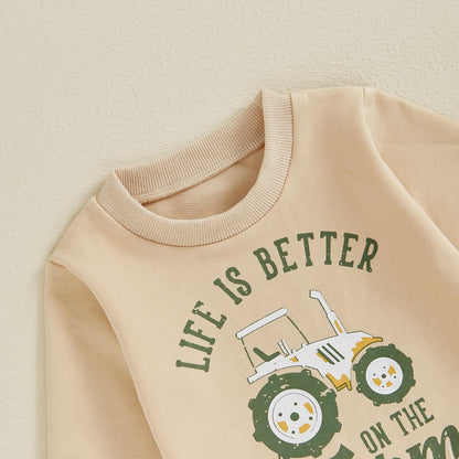 Toddler Baby Boy Fall Winter Outfits Tractor Print Long Sleeve Sweatshirt Pants Set Kids Sweatsuit Clothes