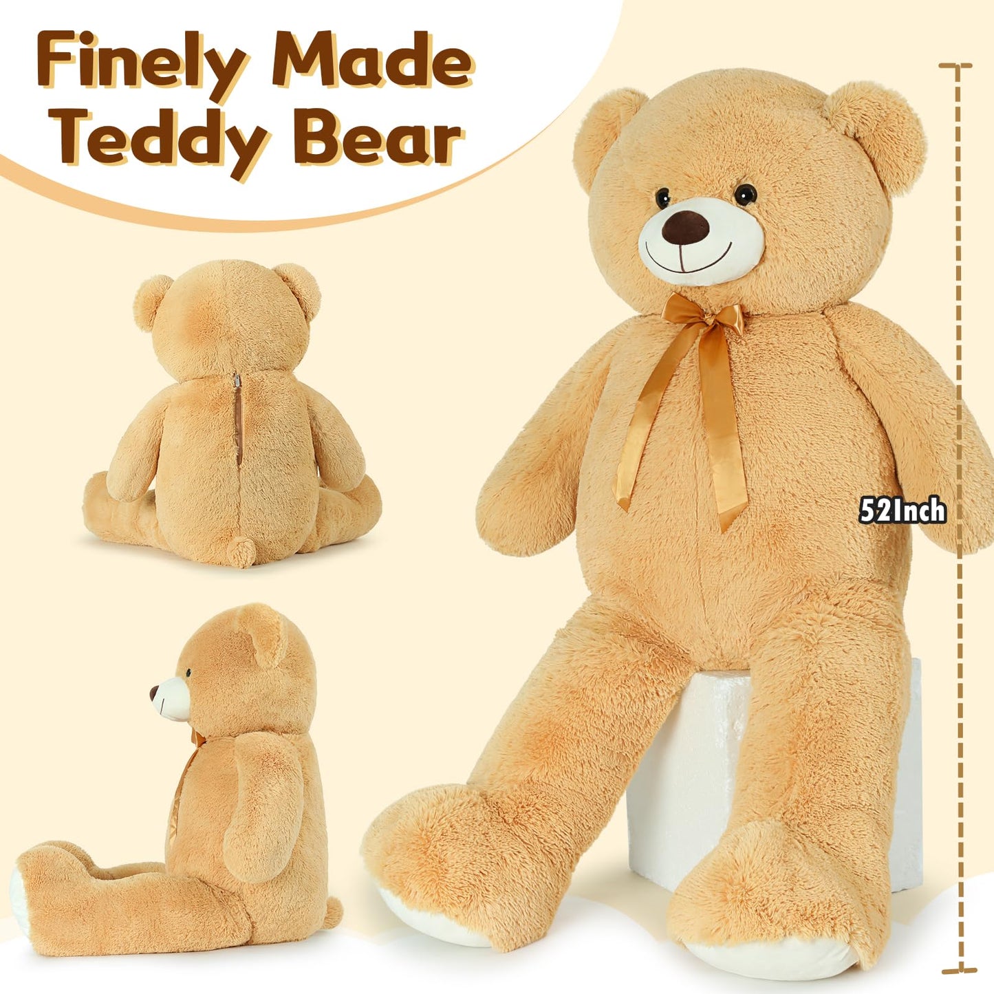Tezituor 59" Gaint Teddy Bear Stuffed Animal,5ft Life Size Big Teddy Bears,Light Brown Cute Soft Plush Toy,Gifts for Kids Girls Boys Girlfriend Valentine,Christmas,Birthday,Baby Shower,Wedding Party