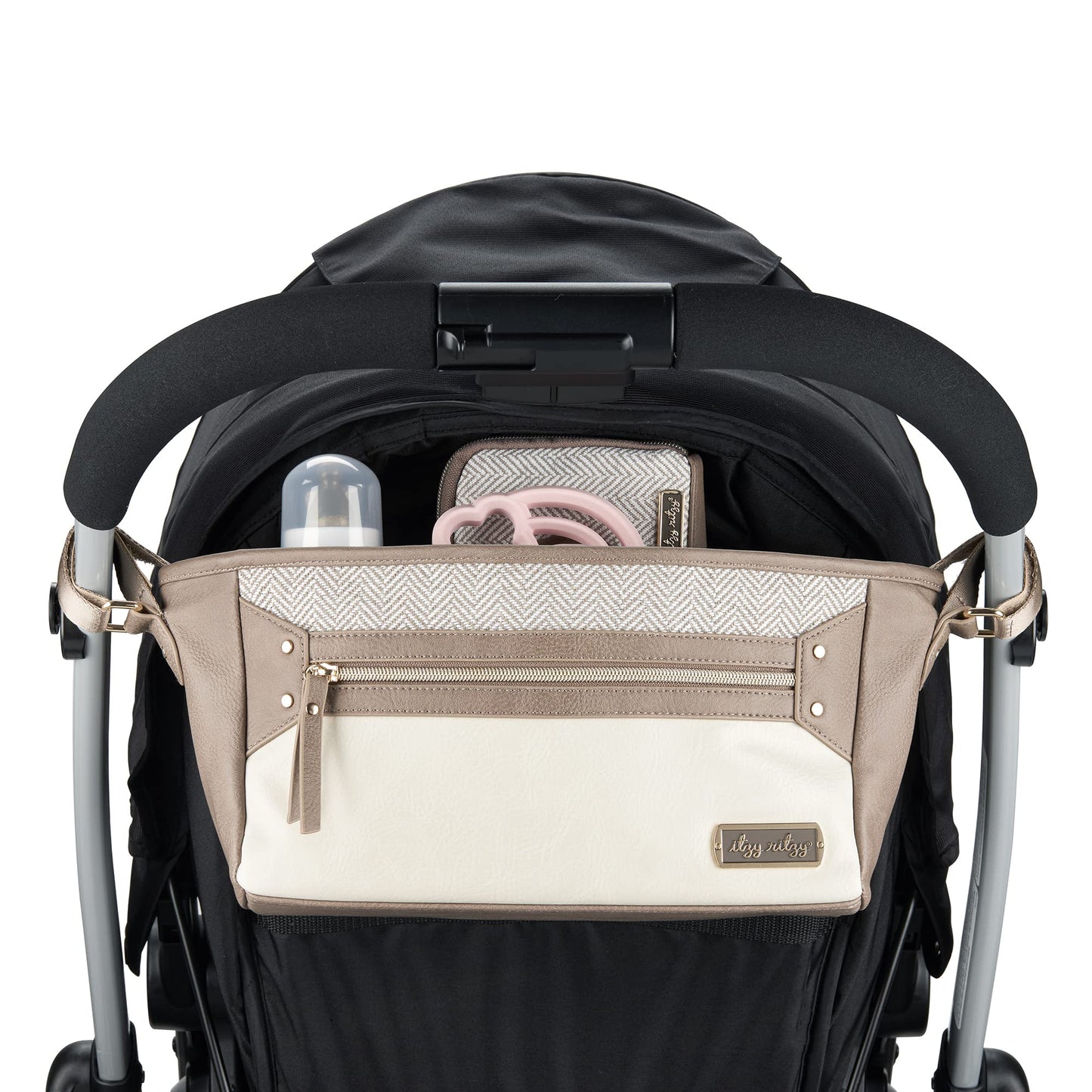 Itzy Ritzy Adjustable Stroller Caddy and Organizer Bag Featuring Front Zippered Pocket, 2 Built-in Interior Pockets & Adjustable Straps to Fit Nearly Any Stroller (Chai)