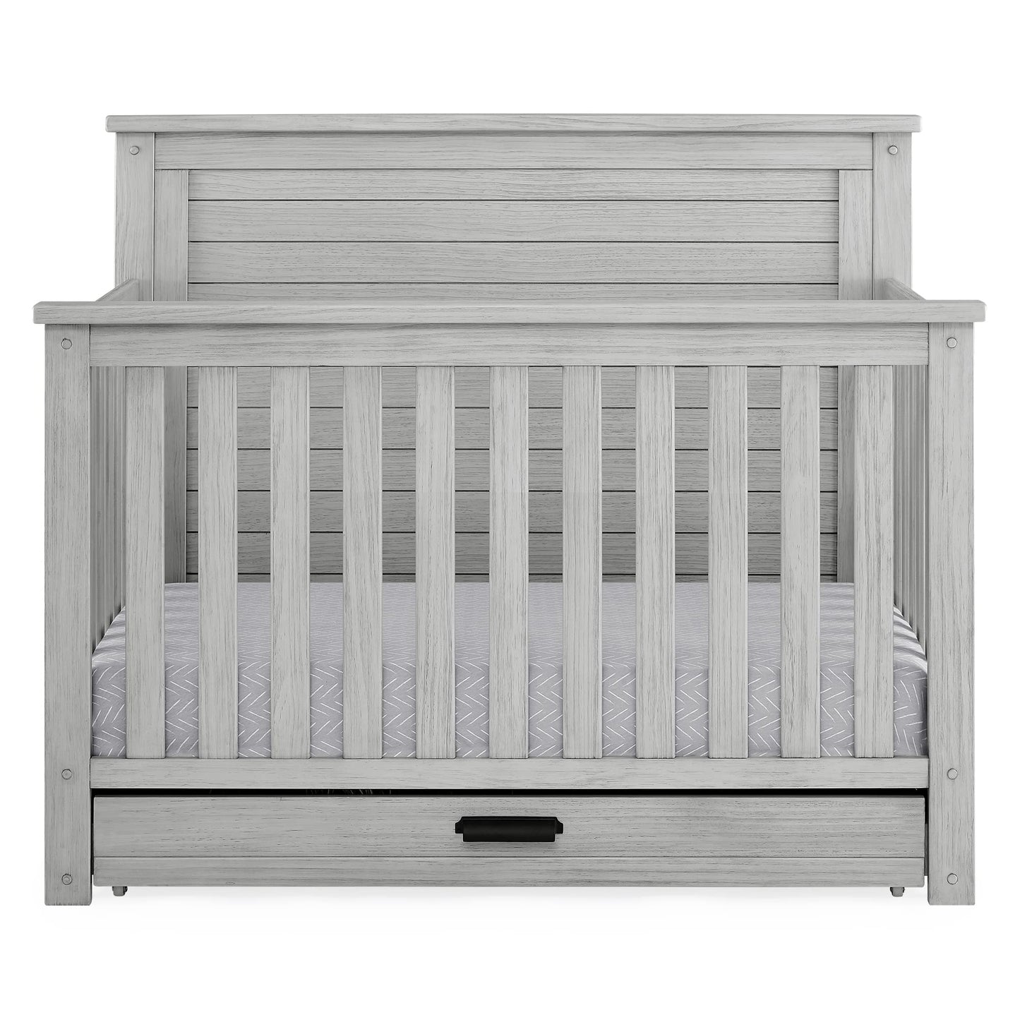 Delta Children Simmons Kids Caden 6-in-1 Convertible Crib with Trundle Drawer, Greenguard Gold Certified, Rustic Mist