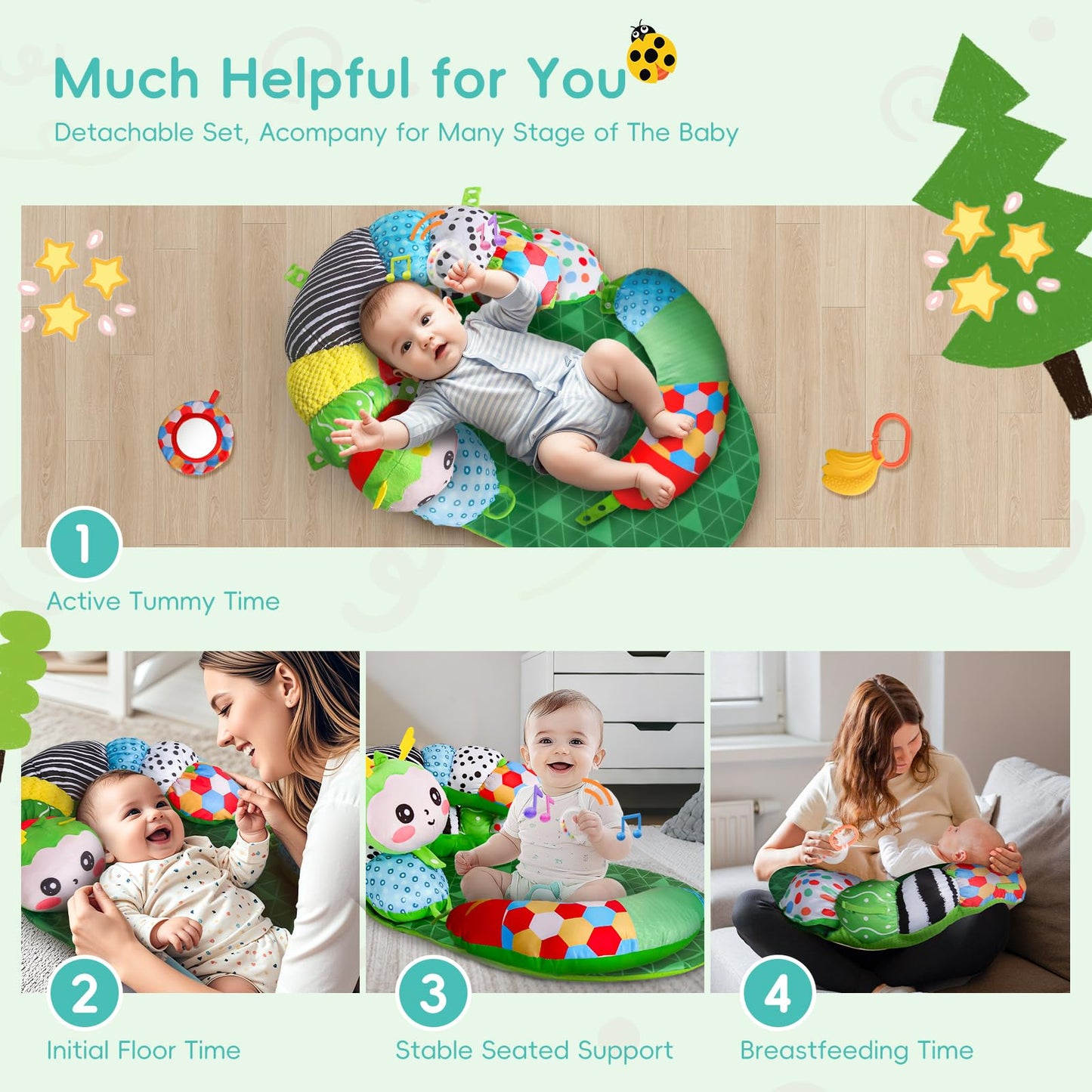 3-in-1 Tummy Time Pillow for Baby 0-6 Months, Detachable Caterpillar Tummy Time Playmat for Newborns, Soft Baby Toys 0-3-6-12 Months, Play Mat for Babies Boy Girl
