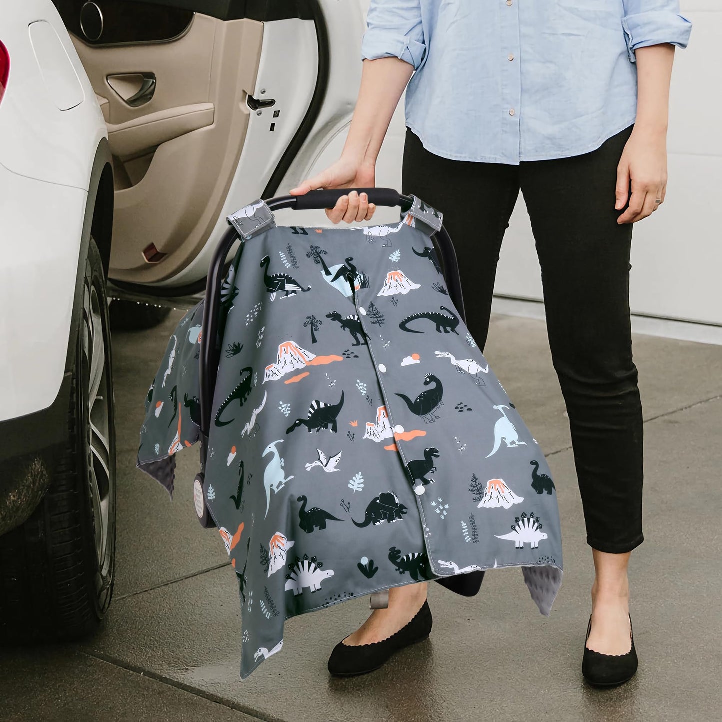 Rquite Car Seat Cover Baby, Carseat Covers Baby Boy, Minky Infant Car Seat Cover Winter, Peekaboo Opening Car Seat Canopy, Multi-use Baby Carrier, Stroller, Nursing Cover, Minky Blanket, Dinosaur