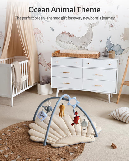 Blissful Diary Baby Play Gym & Activity Mat, Oversize Leaf Shaped Baby Play Mat w 6 Detachable Toys, Tummy Time Mat Promote Motor Skills & Sensory Development Mat, Newborn Infant Baby Essentials Gift