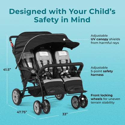 Gaggle by Foundations Compass Quad 4 Seat Stroller | 4-Seat Stroller for Daycare | Oversized UV Blocking Canopy | 5-Point Harness | Easy Loading | Storage Bucket | Black