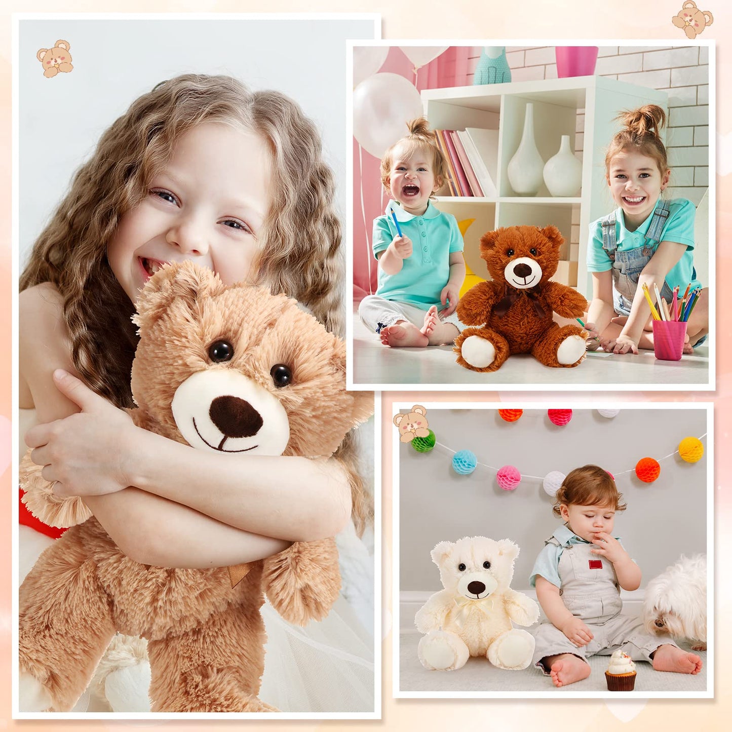 HyDren 6 Pcs Bear Stuffed Animal Plush Toys Soft Plush Dolls Bear Sleeping and Playing Toys for Baby Shower Decoration Boy(Fuzzy Style,Brown)