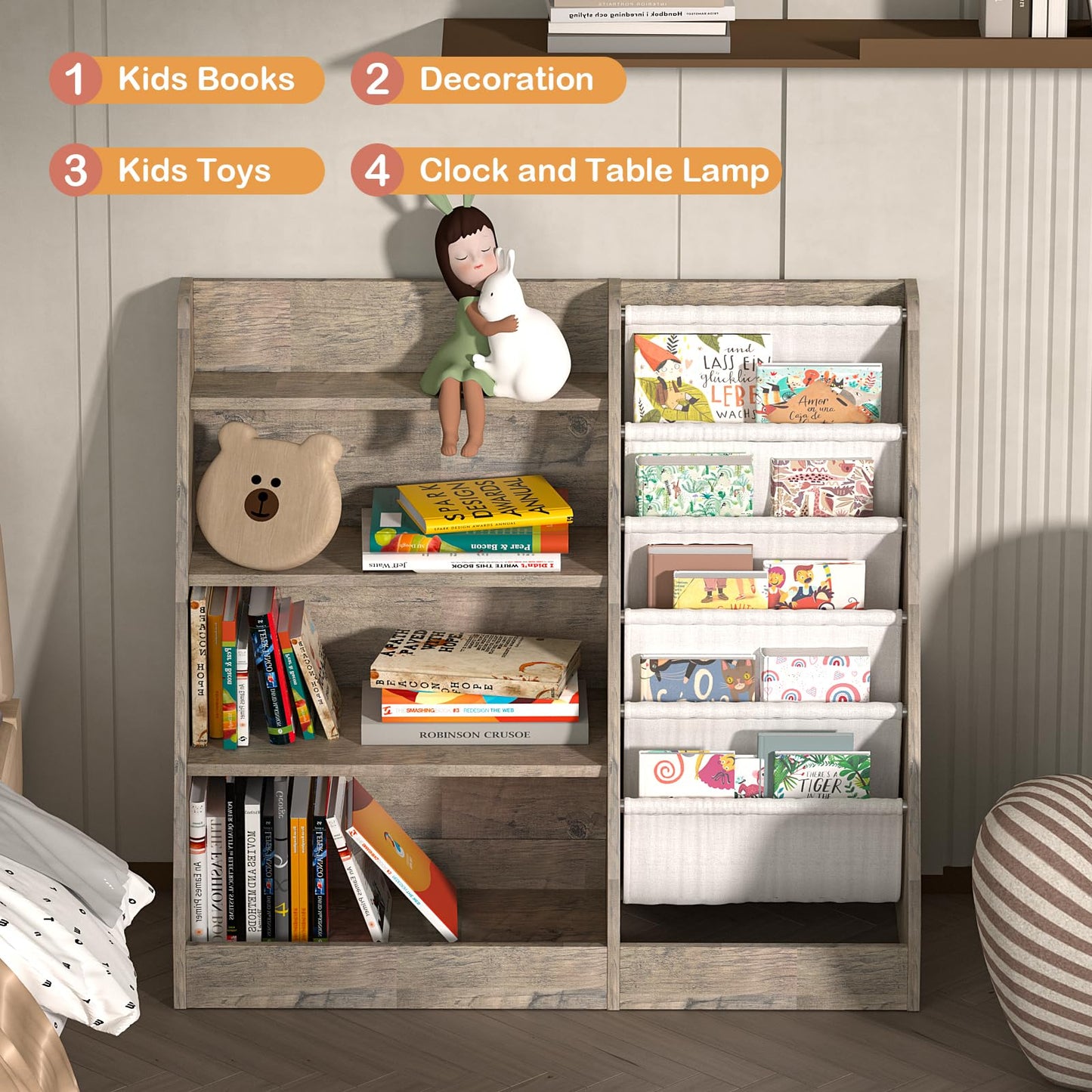 White Kids Bookshelf Wood Toy Storage Organizer Cabinet Children Bookcase Toddler Baby Sling Book Rack 3 Cube Bins Fabric Drawers for Playroom Bedroom Nursery School