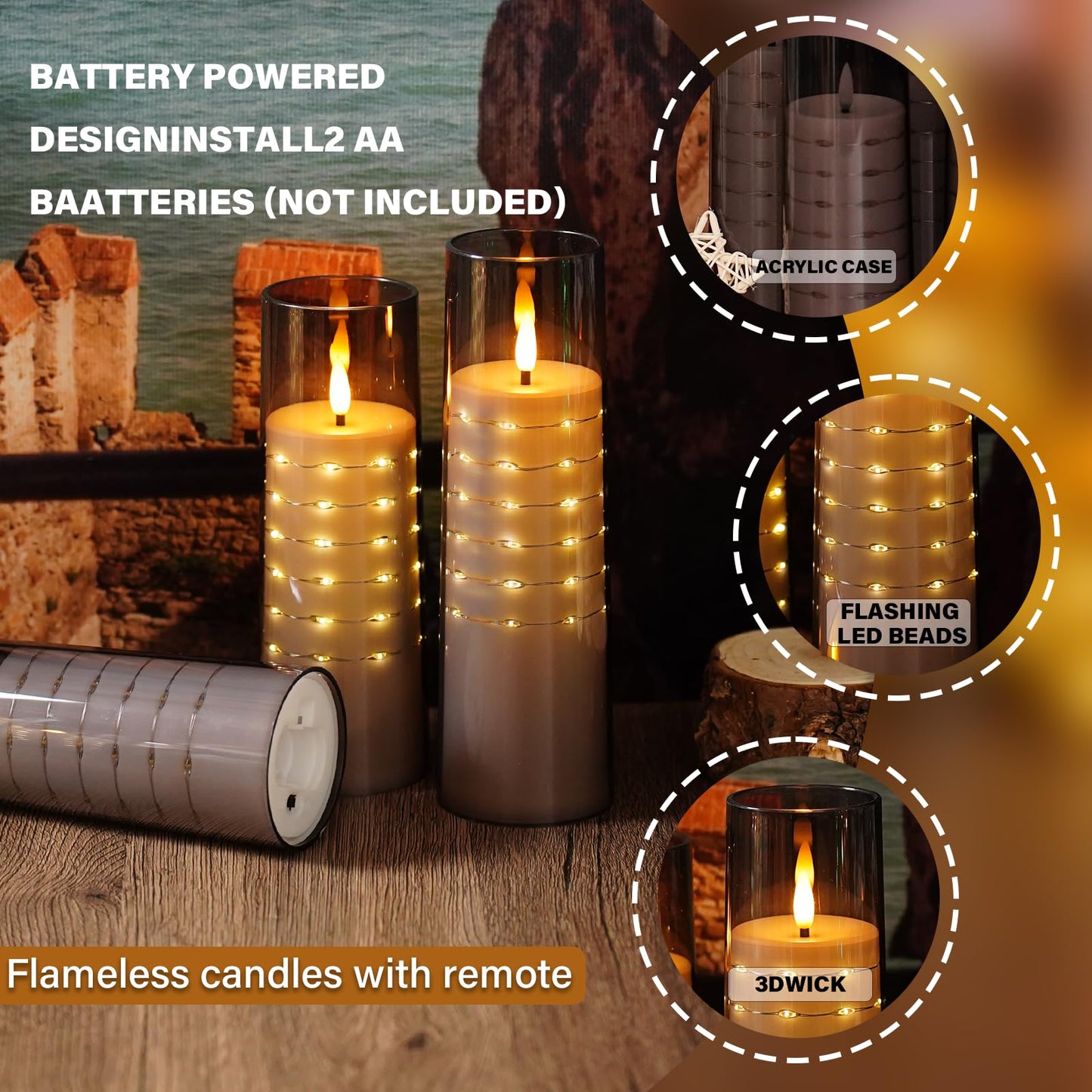 Flameless Candles with Embedded Star String - Flow Flicker Battery LED Candles, Realistic Flame,White Set of 5 | Holiday Decoration, Wedding, Party Adding to The Family Atmosphere