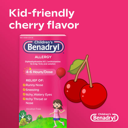 Benadryl Children's Dye-Free Allergy Relief Liquid + 12.5 mg Diphenhydramine HCl, Antihistamine Allergy Medicine for Kids Helps Relieve Runny Nose & Sneezing, Bubble Gum Flavor, 8 fl. oz