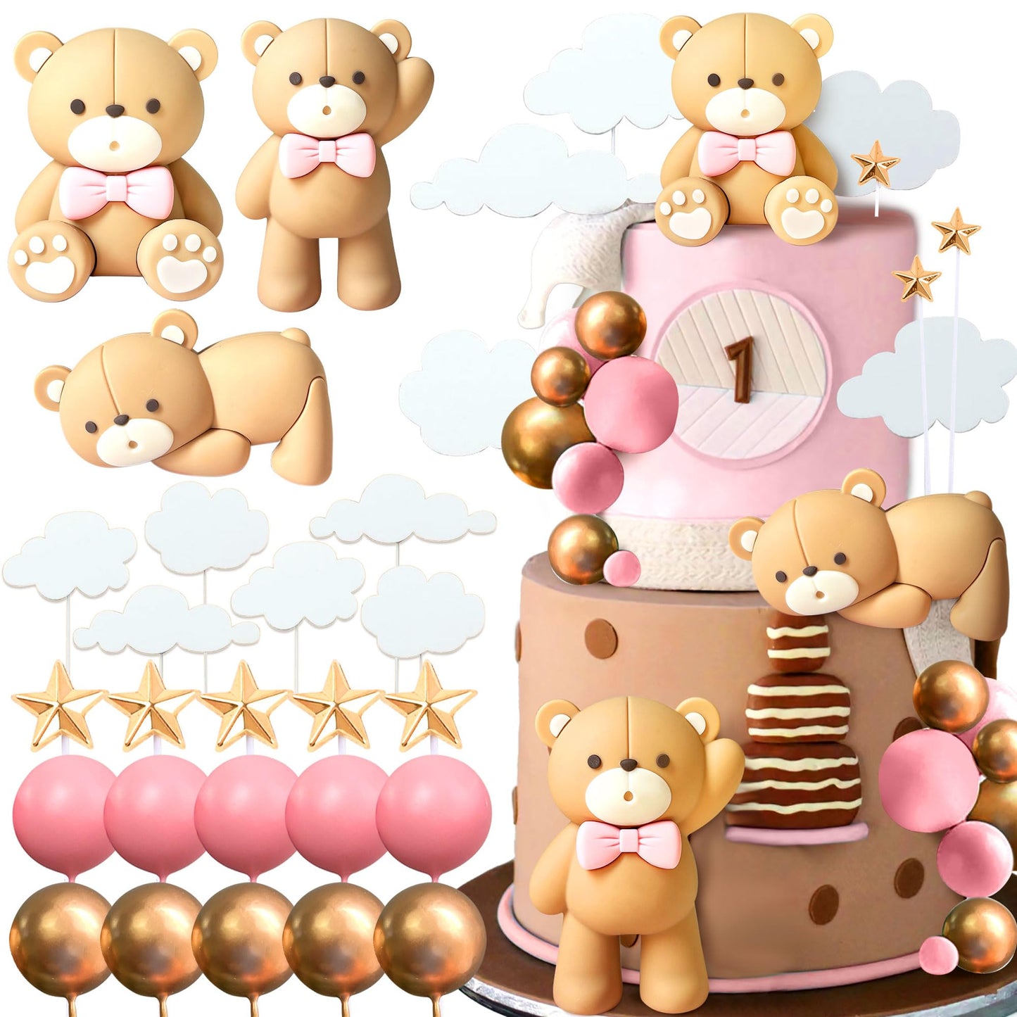 JeVenis Luxury Pink Bear Cake Decoration Baby Bear Baby Shower Cake Topper Bears Train Cake Decoration Baby Shower Birthday Cake Decoration