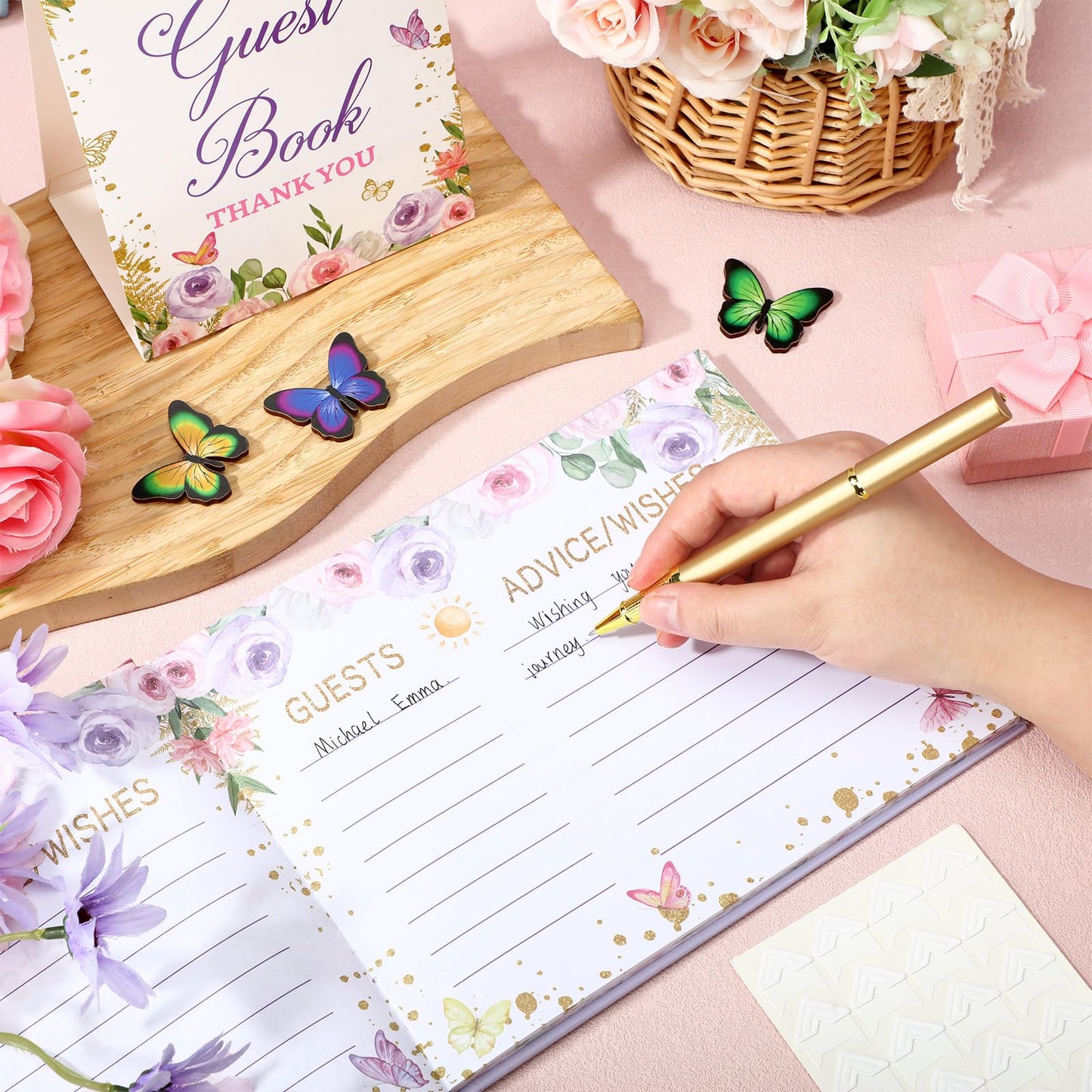 27 Pcs Butterfly Floral Baby Shower Guest Book Set Baby Shower Sign in Guest Floral Book Place Table Cards with Gold Pen Adhesive Photo Corner for Birthday Party