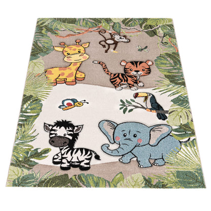 Paco Home Nursery Rug for Kids - Jungle Animals Giraffe Lion Monkey in Beige, Size:5'3" x 7'7"