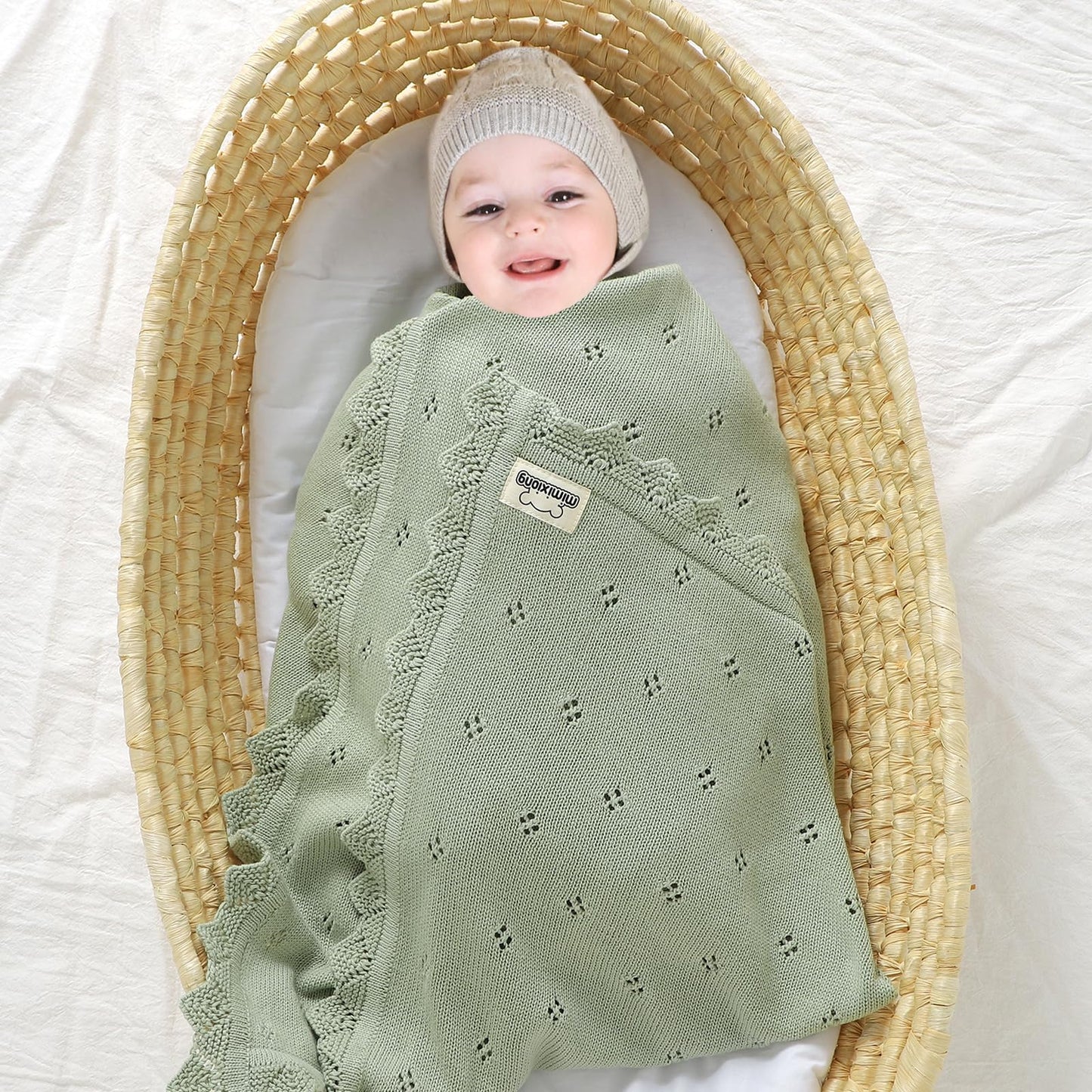 mimixiong Cotton Baby Blanket Knitted Crochet Receiving Crib Nursery Swaddling Blankets for Newborn Baby Boy Girl Off White 30x40 Inch