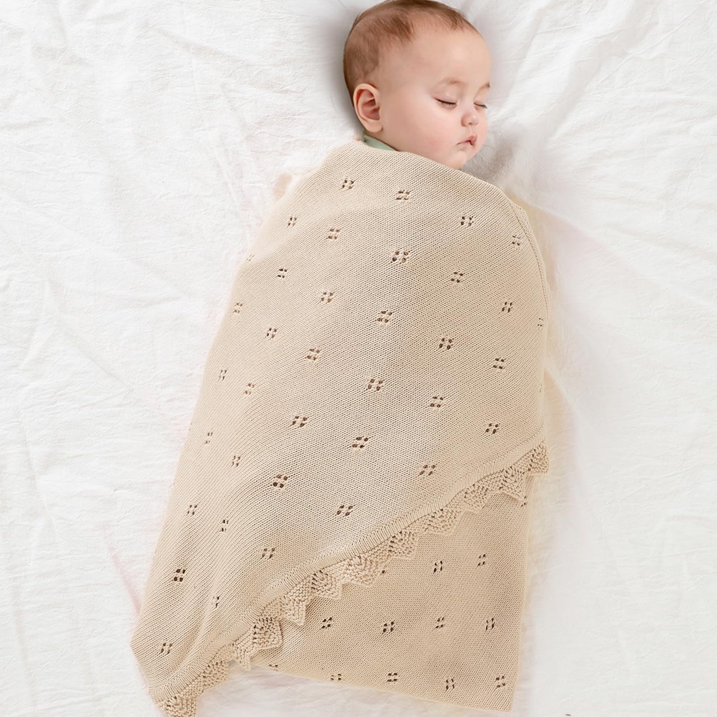 mimixiong Cotton Baby Blanket Knitted Crochet Receiving Crib Nursery Swaddling Blankets for Newborn Baby Boy Girl Off White 30x40 Inch