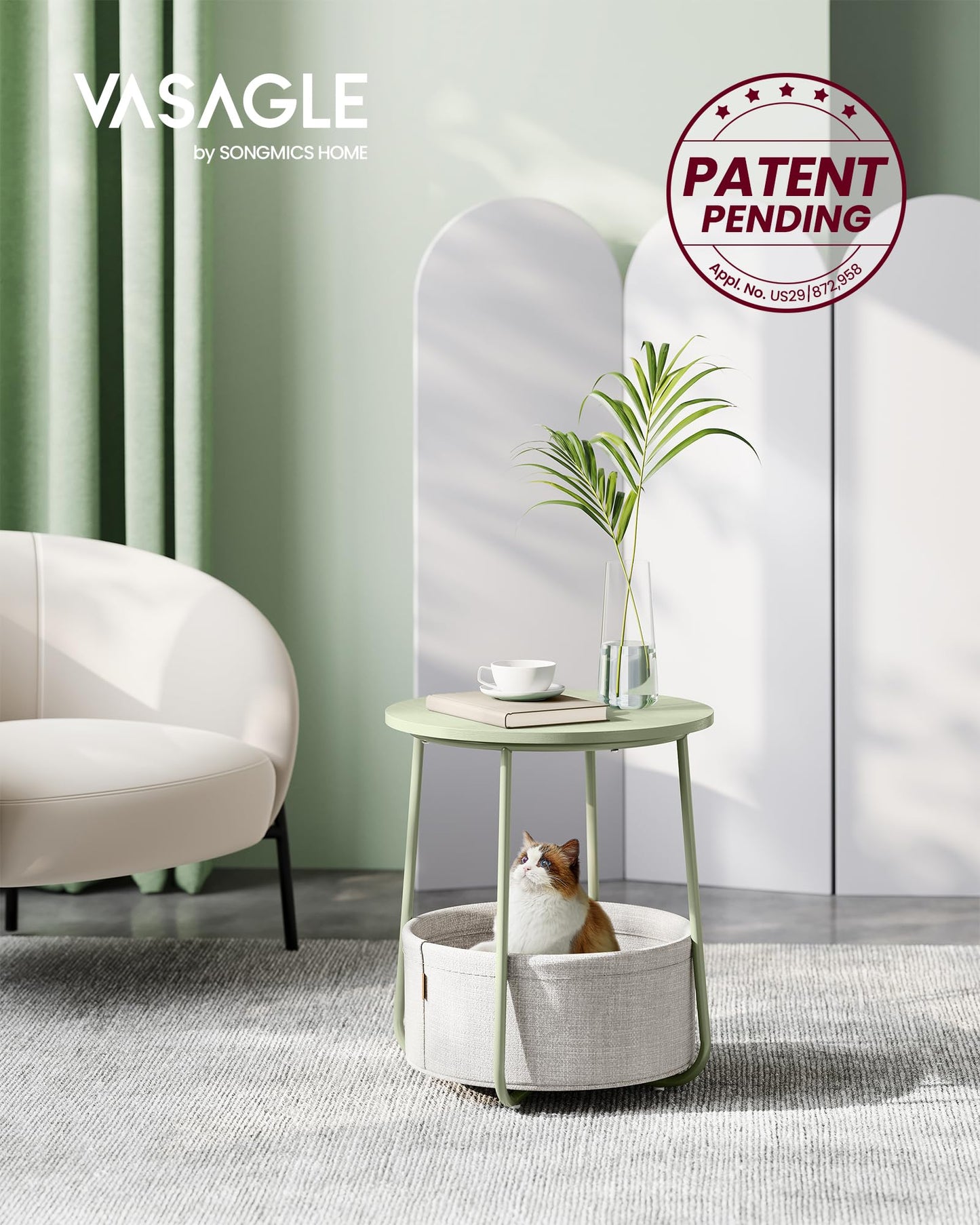 VASAGLE End Table, Small Bedside Table with Fabric Basket, Modern Nightstand, Round Side Table, for Living Room, Bedroom, Matte White and Camel Brown ULET223W10