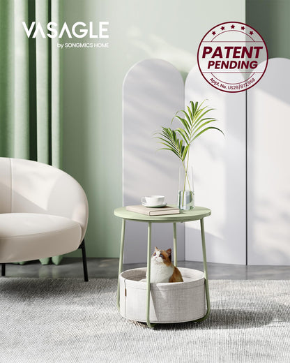 VASAGLE End Table, Small Bedside Table with Fabric Basket, Modern Nightstand, Round Side Table, for Living Room, Bedroom, Matte White and Camel Brown ULET223W10