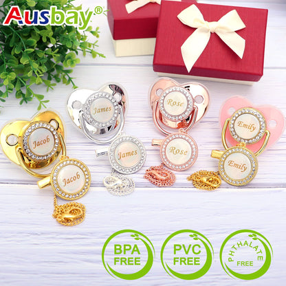 Personalized Pacifier Set with Name, BPA Free, Bling Gold Silver Pink Rose Gold Luxurious Ideal Gift for Newborns (Gold)