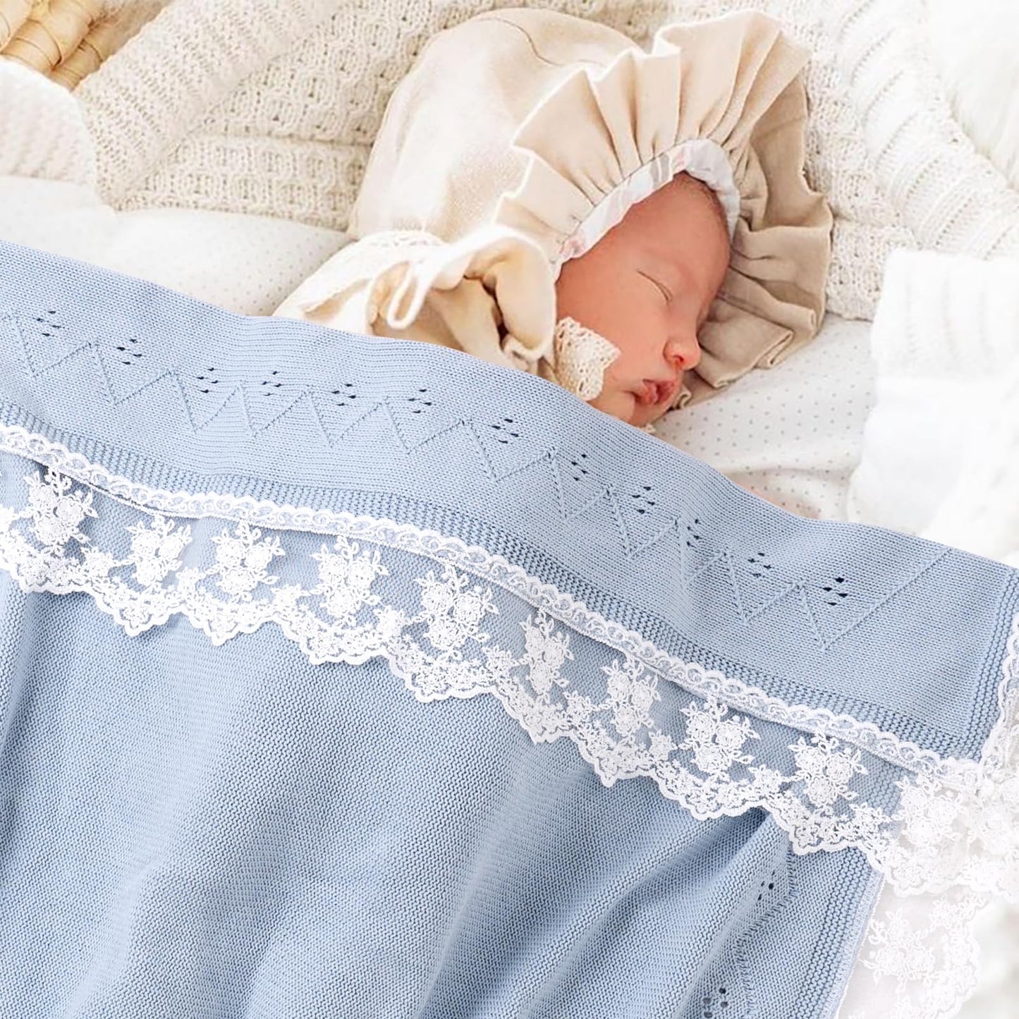 Booulfi Knit White Baby Blankets Neutral,Crib Stroller Newborn Blankets for Boys Girls,Cotton Lace Crochet Winter Blanket Nursery Blanket New Baby Essentials, 38X39