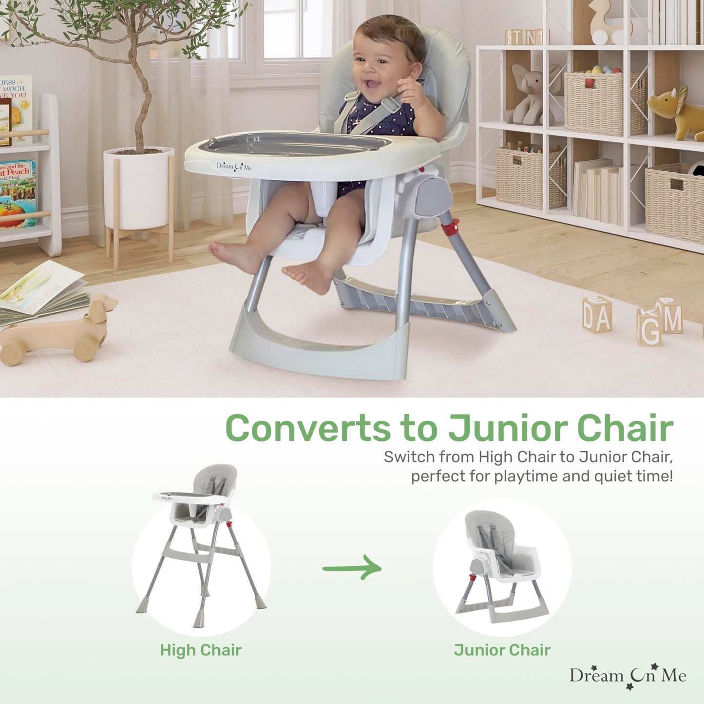 Dream On Me Portable 2-in-1 Tabletalk High Chair, Convertible Compact High Chair, Light Weight Portable Highchair, Grey