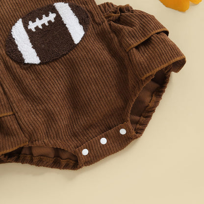 Football Baby Girl Outfit Embroidery Football Romper Ruffle Sleeve Corduroy Bodysuit Overalls Game Day Clothes