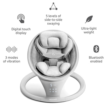 Munchkin Baby Swing, Portable and Lightweight, Bluetooth Enabled Electric Infant Rocker with Natural Sway in 5 Ranges of Motion, Newborn Nursery Essentials, White/Grey