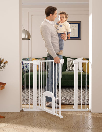 Babelio Upgraded Baby Gate with Cat Door, 29-43" Auto Close Durable Dog Gate for Stairs, Doorways and House, Easy Walk Thru Safety Gate with Pet Door Includes 4 Wall Cups, Black