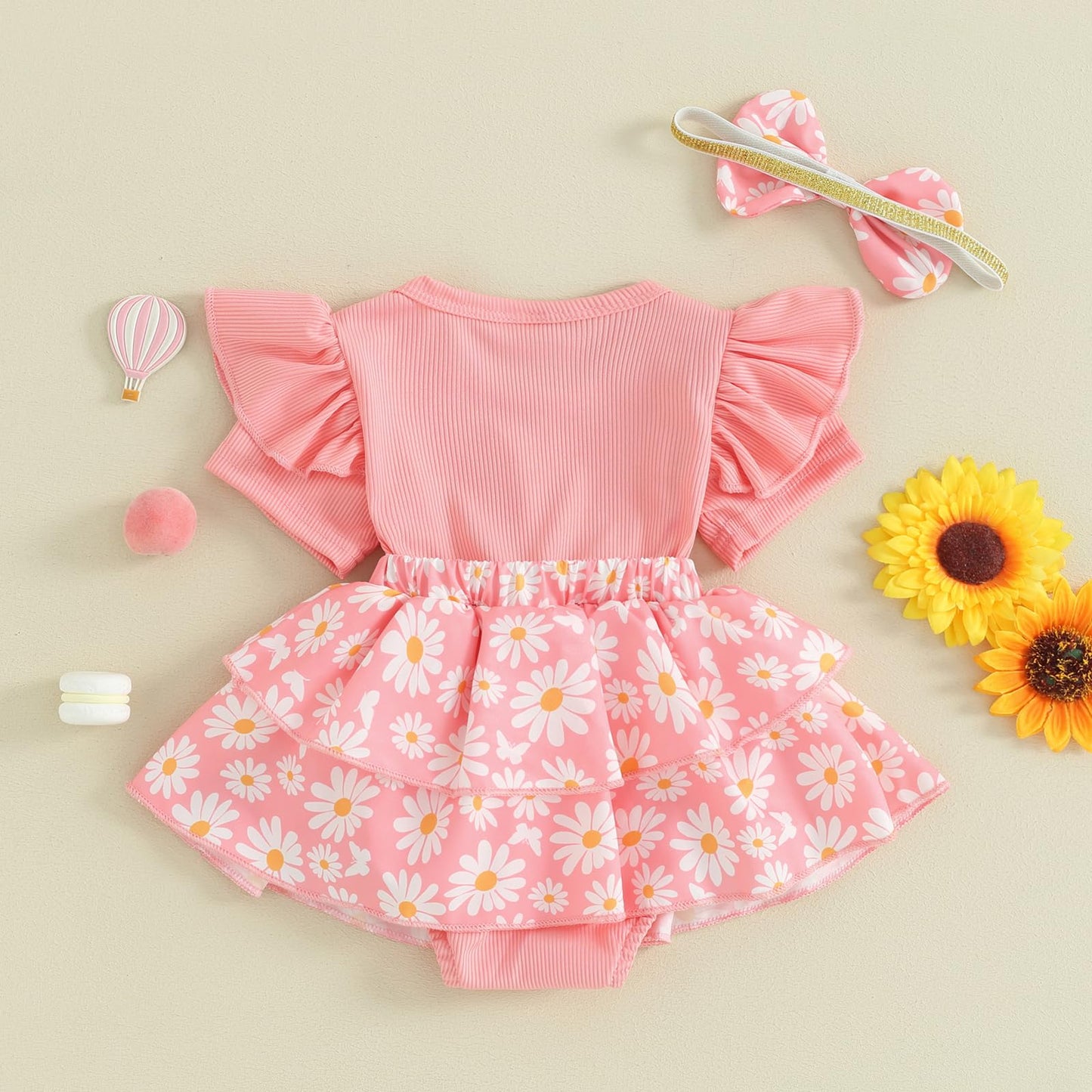 Baby Girls Daisy Romper Bowknot Bodysuit+Headband Short Sleeve Playsuits Floral Jumpsuit Infant Summer Clothes