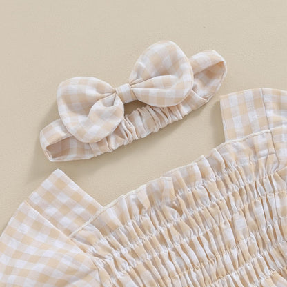 Infant Baby Girls Romper Ruffle Sleeve Pleated Smocked Bubble Plaid One Piece Ruched Jumpsuit Summer Bodysuit