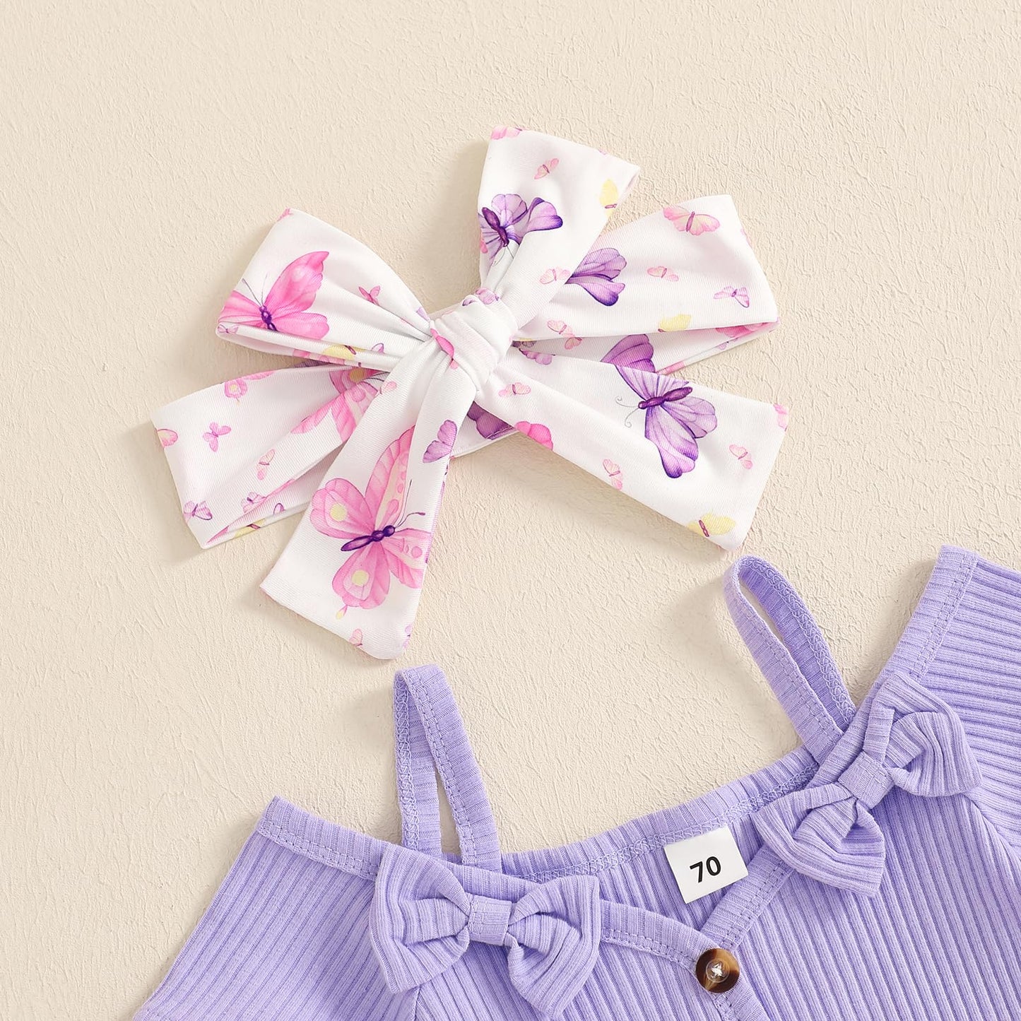 Fernvia Infant Baby Girl Clothes Suspenders Short Sleeve Ribbed Romper Flared Pants Set Headband 3pcs Summer Outfit