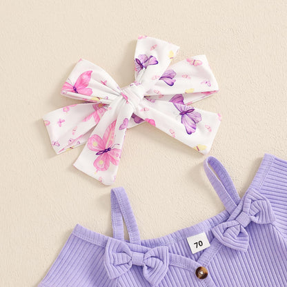 Fernvia Infant Baby Girl Clothes Suspenders Short Sleeve Ribbed Romper Flared Pants Set Headband 3pcs Summer Outfit