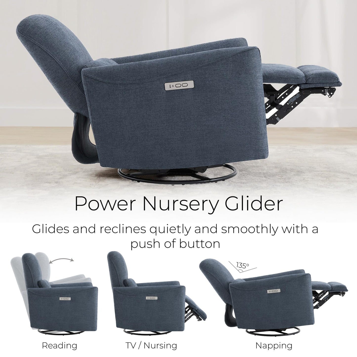 CHITA Power Recliner Chair Swivel Glider, FSC Certified Upholstered Living Room Nursery Reclining Sofa Chair with Lumbar Support, Linen