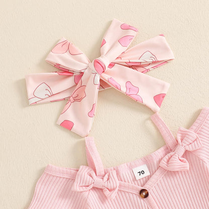 Fernvia Infant Baby Girl Clothes Suspenders Short Sleeve Ribbed Romper Flared Pants Set Headband 3pcs Summer Outfit