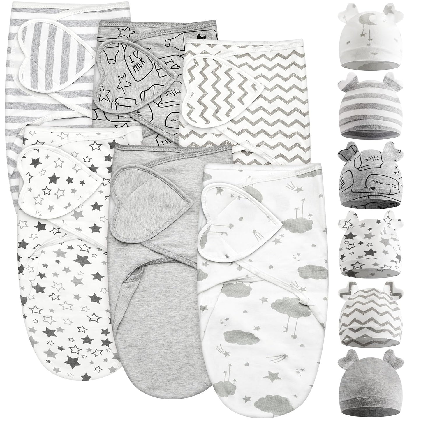 Ramede 6 Pack Baby Swaddle Blanket with Hats Sleep Swaddle for 0-3 Months Newborn Sacks Soft Cotton Wearable for Boy Girl