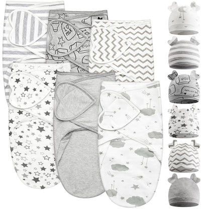 Ramede 6 Pack Baby Swaddle Blanket with Hats Sleep Swaddle for 0-3 Months Newborn Sacks Soft Cotton Wearable for Boy Girl