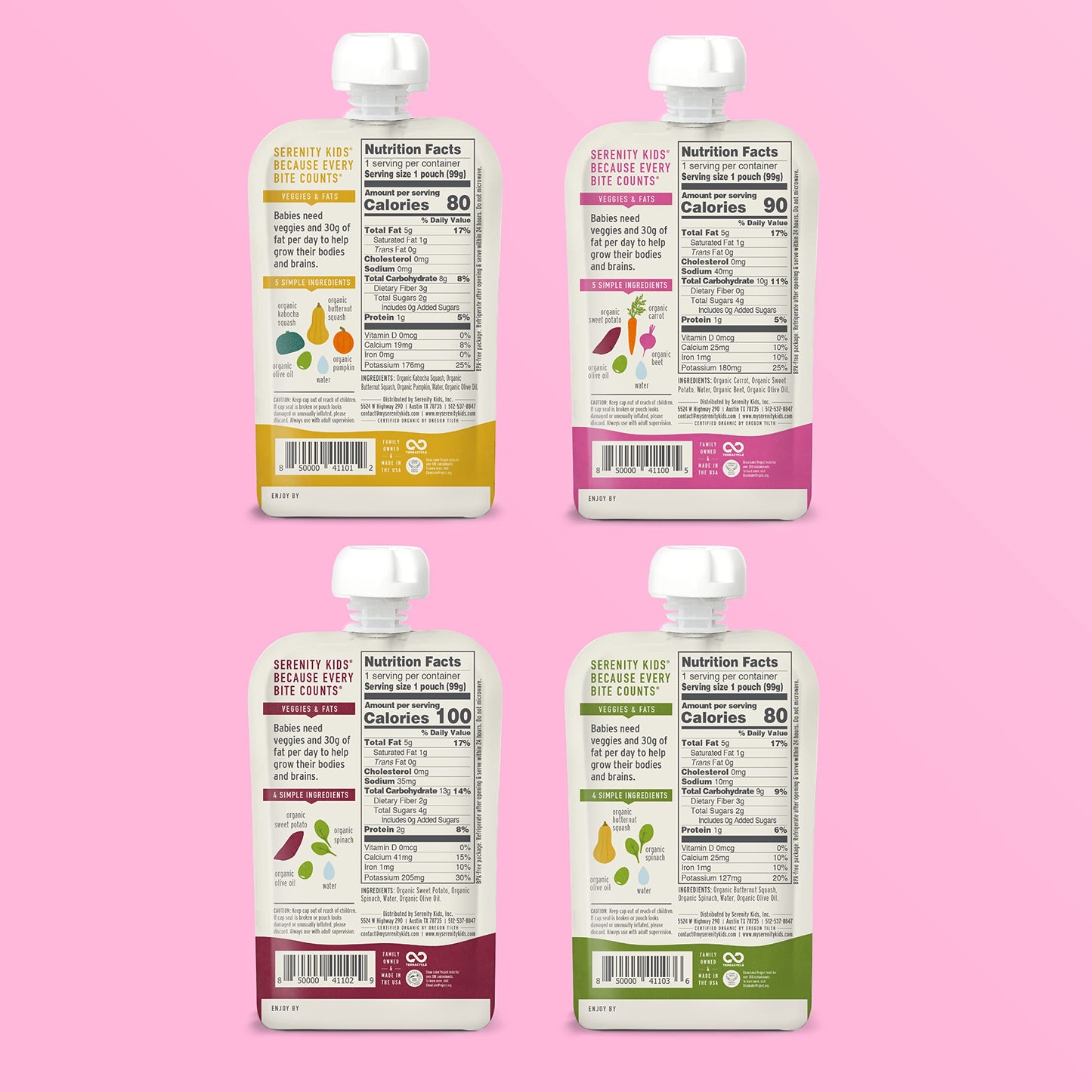 Serenity Kids 6+ Months Baby Food Pouches - Puree with Ethically Sourced Meat & Organic Veggies - 3.5 Ounce BPA-Free Pouch - Variety Pack, 8 Count - Baby Food Meat