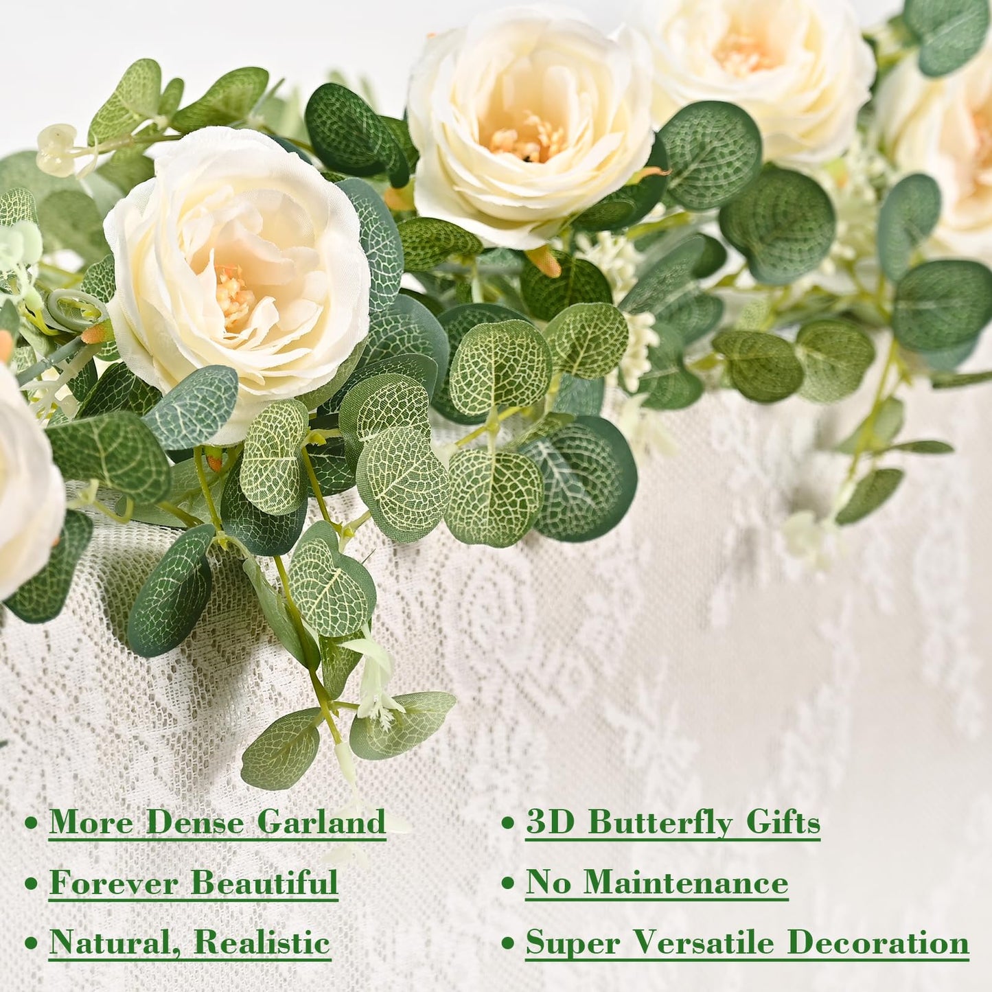 Yastouay 6.4 Ft Fuller Artificial Eucalyptus Garland with Champagne Flowers Fake Rose Vine for Table Centerpiece Wedding Baby Shower Party Room Backdrop Decor