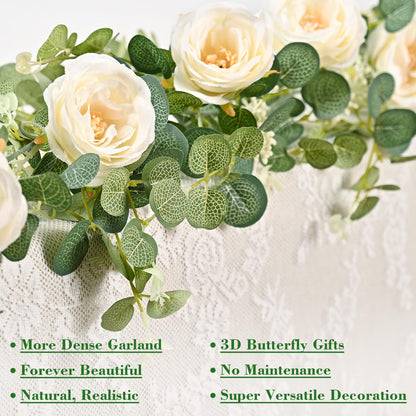 Yastouay 6.4 Ft Fuller Artificial Eucalyptus Garland with Champagne Flowers Fake Rose Vine for Table Centerpiece Wedding Baby Shower Party Room Backdrop Decor