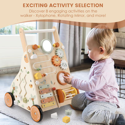 Wooden Baby Walker, Baby Push Walker with Activity Center for Girls Boys, Push Walker Toys for Babies Learning to Walk, Sit-to-Stand, for 10-12 Months 1 2 3 Years Old