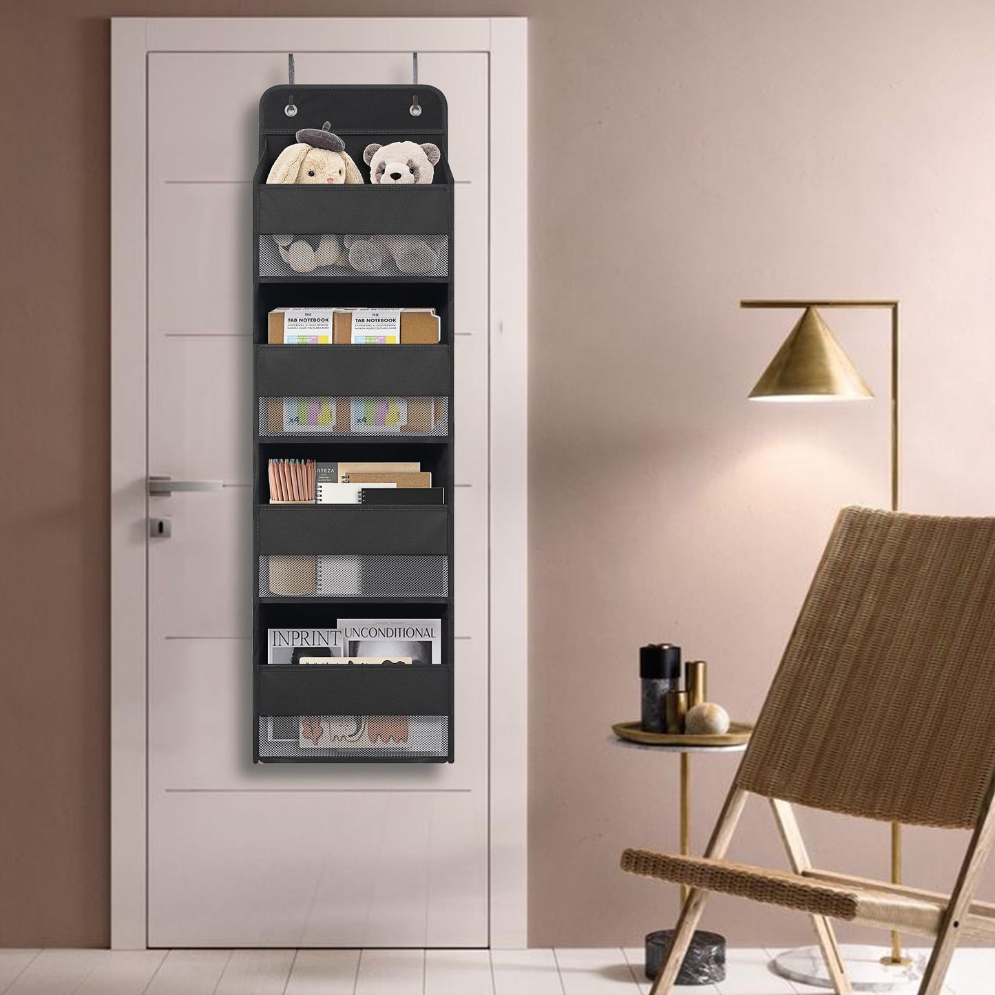 Over Door Organizer with 4 Large Capacity Pockets, Hanging Organizer Storage for Closet Bathroom Nursery Bedroom Dorm, Toys Cosmetics Sundries and Baby Essentials, Gray