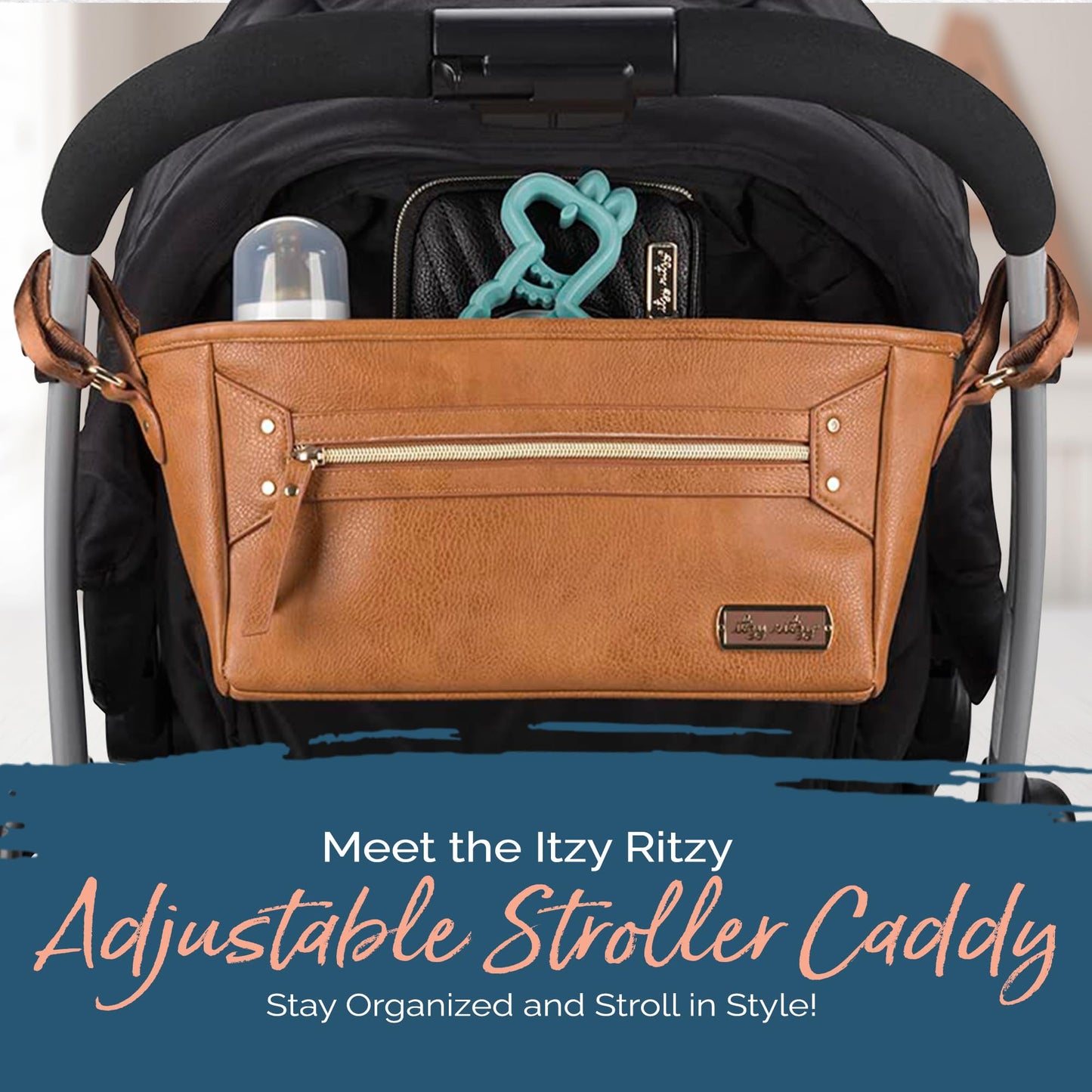 Itzy Ritzy Adjustable Stroller Caddy and Organizer Bag Featuring Front Zippered Pocket, 2 Built-in Interior Pockets & Adjustable Straps to Fit Nearly Any Stroller (Chai)