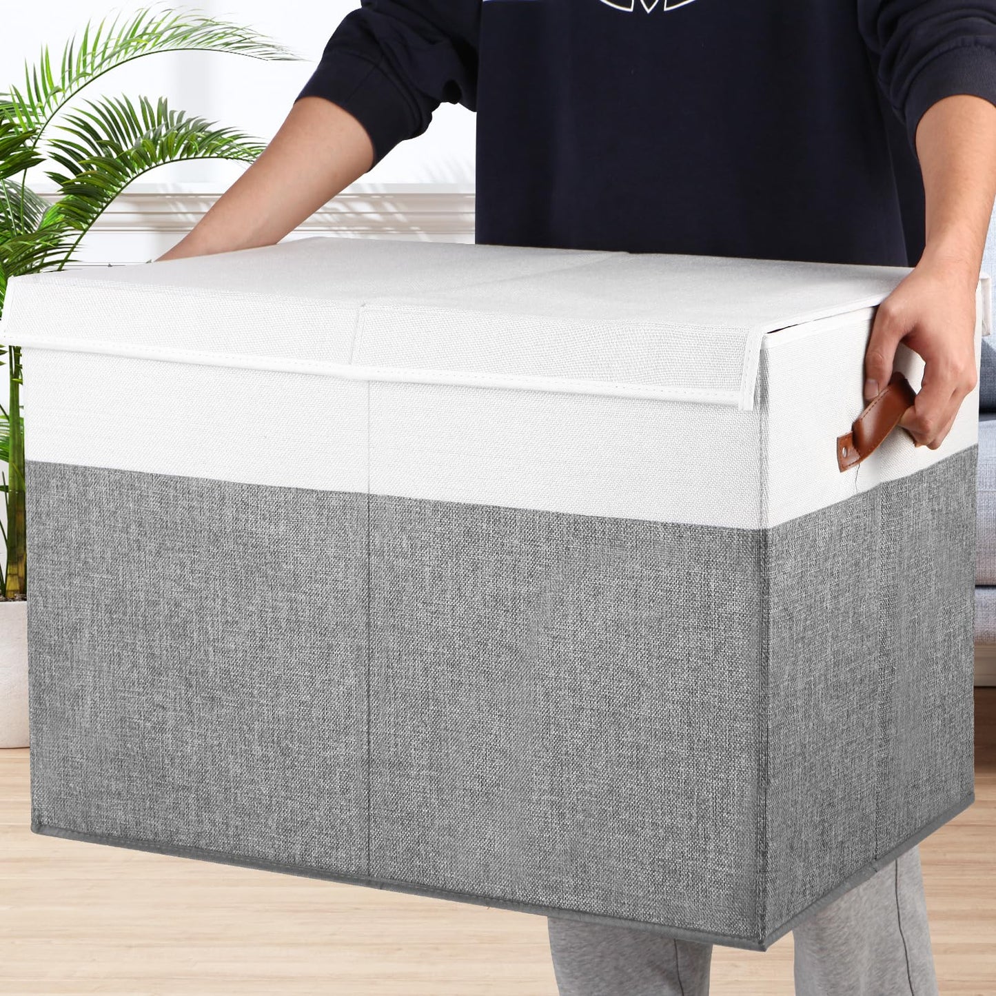 Large Toy Storage Box with Lid, Sturdy Toys Storage Chest Bin Organizer Basket with Dividers for Kids, Boys, Girls, Nursery, Closet, Bedroom, Playroom 25"x13" x16" (Beige and White)