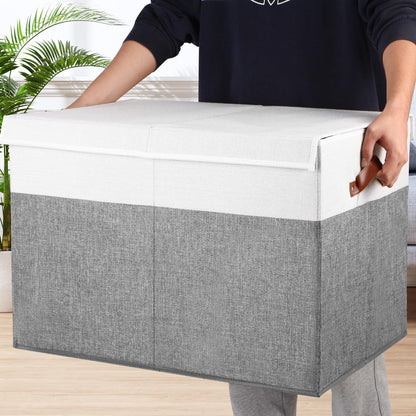 Large Toy Storage Box with Lid, Sturdy Toys Storage Chest Bin Organizer Basket with Dividers for Kids, Boys, Girls, Nursery, Closet, Bedroom, Playroom 25"x13" x16" (Beige and White)